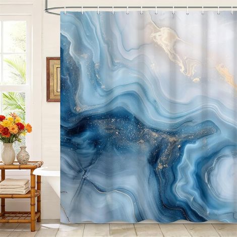 Rideaux de Douche 180x200cm avec Crochets en Plastique, imperméable occlus Bleu doré laiteuse Vague d'écoulement Motif d'art Moderne pour Le Baignoire, Tissu Polyester pour Salle de Bain (1/5)