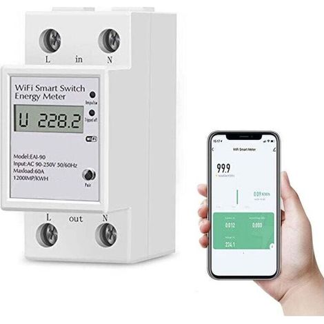 GDHZS-Compteur d'énergie monophasé 63 A 220 V avec fonction Wi-Fi, compteur électrique monophasé, wattmètre sur rail DIN, mesure la consommation électrique, disjoncteur, convient aux maisons et app (1/4)