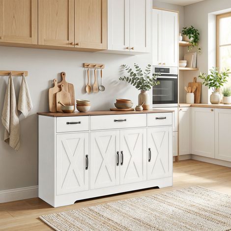 Aparador, mueble de almacenamiento de cocina estilo rústico con 4 puertas corredizas, 3 cajones, estantes ajustables, color blanco. (1/5)