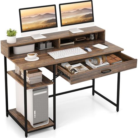 COSTWAY Scrivania con Cassetti, Supporto per Monitor e Ripiani Aperti, Scrivania Salvaspazio per Computer con Struttura in Metallo, Scrittoio per Studio e Ufficio, 120 x 56 x 90,5 cm, Marrone (1/5)