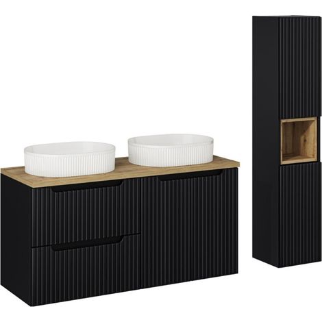Conjunto VANO 150cm: muebles bajo lavabo con cajones y armarios + encimera para lavabo + dos lavabos sobre encimera ranurados + columna