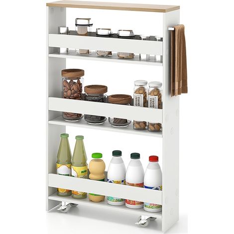 COSYWAY Carrello Portaoggetti a 4 Ripiani, Carrello da Cucina con Maniglia Laterale e Ruote, Carrellino Scorrevole Salvaspazio Slim e Sottile (Naturale+Bianco, 13 cm) (1/5)