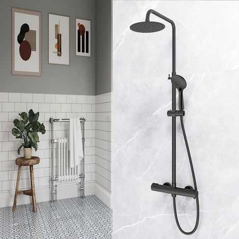AICAIT Soffione doccia rontondo 20cm con doccetta a 3 getti, colonne doccia termostatiche con rubinetto 40mm, nero opaco