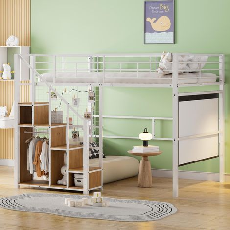 Lit superposé avec échelle de sécurité 140 x 200 mm, lit enfant avec structure en fer et espace de rangement, lit junior, blanc