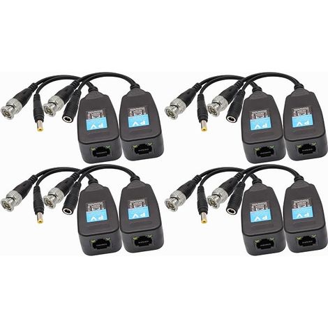Balun BNC to RJ45 Video Transmitter Receiver HD-CVI/TVI/AHD/CVBS with Power Connector for 1080P 3MP 4MP 5MP 8MP CCTV Security DVR Surveillance Camera System 4 Pairs-19CM (1/5)