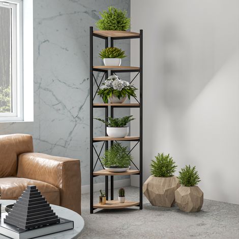 [En.Casa] – Étagère à plantes 6 niveaux 160 x 30 x 30 cm – Structure métal noir – Tablettes en panneau de particules effet bois – Distance entre niveaux 30 cm (1/5)