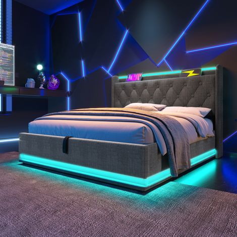 Modernluxe – Lit coffre 160x200cm en lin blanc – Avec ports USB et Type-C – Éclairage LED 360° – Grand espace de rangement (1/5)