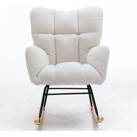 Fauteuil à bascule teddy capitonné blanc avec dossier haut, accoudoirs rembourrés, base bois et métal noir, style salon chambre - CHICFURN (1/5)