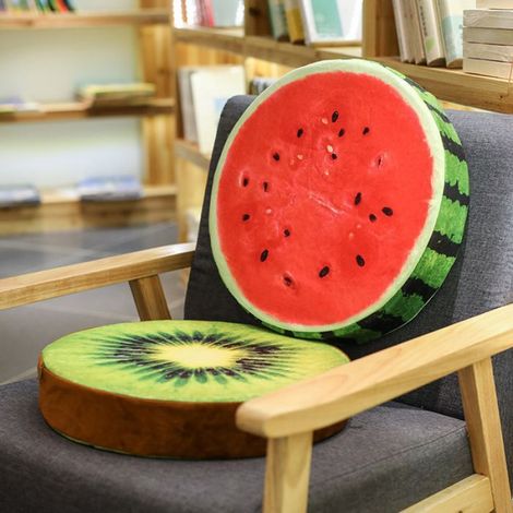 Coussin rond en peluche à motif 3D en forme de souche de fruit, coussin amovible et lavable (pastèque, diamètre 39 cm) (1/4)
