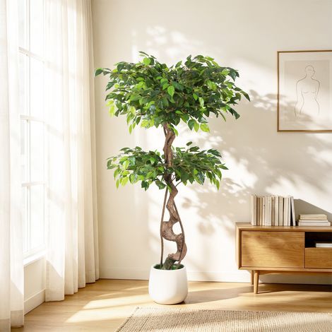 Jiubiaz Kunstpflanze Ficus 120 cm, brauner Stamm, weißer Topf (1/5)