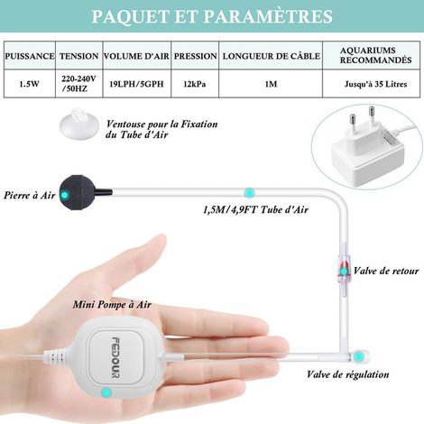 Pompe à Air d'Aquarium Silencieuse et Réglable pour Petit Bassin et Aquarium Jusqu'à 35L avec Diffuseur d'Air Clapet Anti-Retour et Ventouse (1/5)