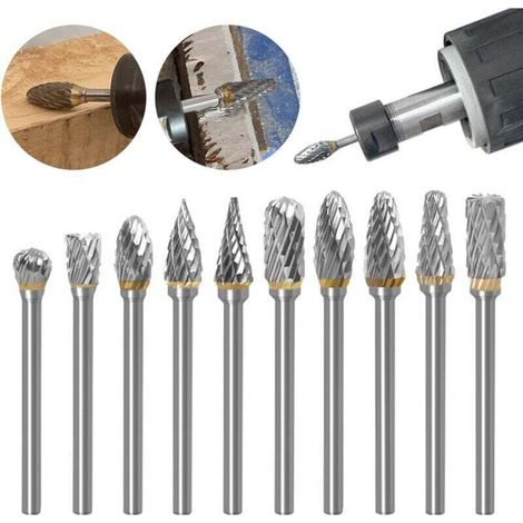 10Pcs Fraise Metal pour Fraiseuse Double Coupe de Tungstène Fraises Rotatives Fraise Meuleuse Droite pour Outils Rotatifs Traitement Meulage Gravure Polissage
