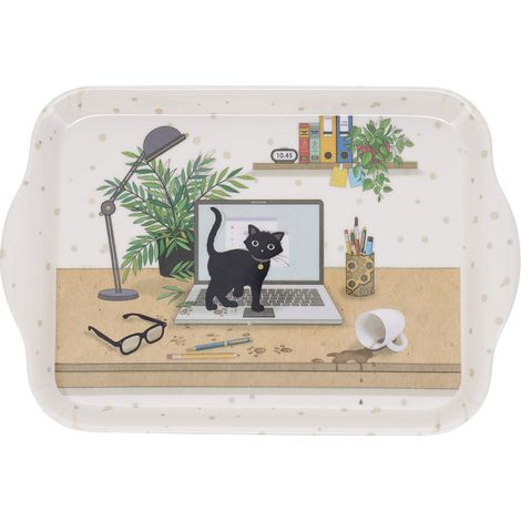 Mini plateau en mélamine chaton en télétravail 20 cm