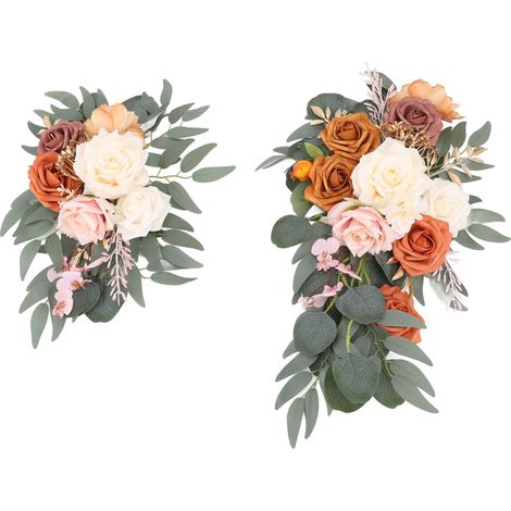 Lot de 2 arches de mariage artificielles, fleurs réalistes, panneaux de bienvenue, décoration florale raffinée et inaltérable, pour intérieur et extérieur, couleur or. (1/5)