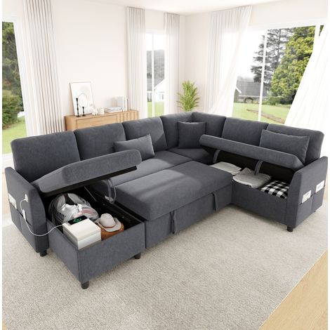 MEUBLIV Schlafsofa in L-/U-Form 255x196x85 cm, Polyester Grau, Stauraum (1/5)