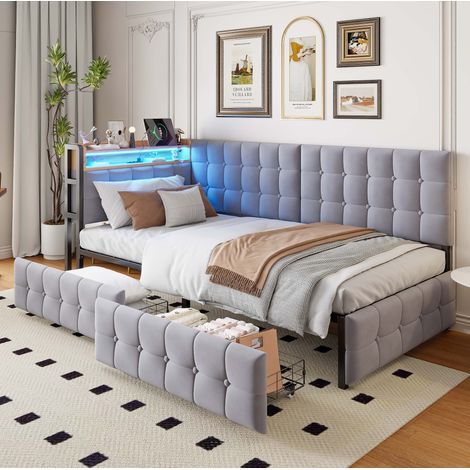 Sofá cama 90x200 cm de terciopelo gris, con almacenaje para dormitorio, sin colchón -FLORAGRACE (1/5)