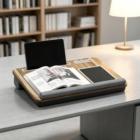 Table pour ordinateur portable au lit avec coussin, support pour tablette et téléphone, tapis de souris et accoudoir, plateau pratique pour travailler au lit (1/5)