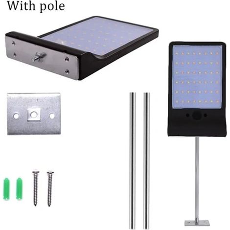 (48 LED - Noir avec mât) Lampe murale solaire à détecteur de mouvement PIR pour jardin, extérieur, maison, cour ou terrasse, étanche IP65 (1/5)