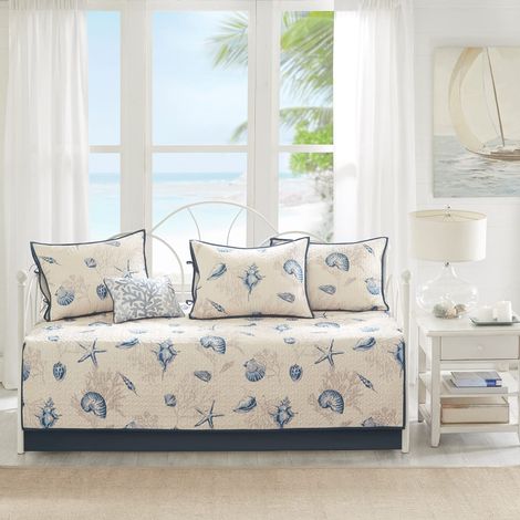 Parure de lit Double Face avec Jupe de lit, Couvre-lit Assortie, Oreiller décoratif, 190,5 x 99,1 cm, Coquillage Bleu (1/5)