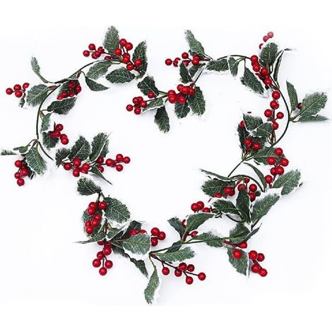 Baie Noël Houx Guirlande 200cm Guirlande de Noël Baies Rouges Guirlande de Baies Artificielles Guirlande de Baies Rouges d'hiver avec des Feuilles de Houx pour Noël Porte Cheminée Escalier (1/5)