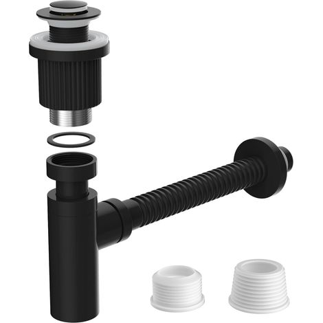 Kit Vidange Lavabo, Drain Salle de Bain, Bouchon Click Clack, Tuyau Flexible 304, G1 1/4 Universel, Anti-Odeurs/Étanche - Noir (1/5)