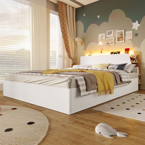 Lit coffre 140x200 cm en bois blanc avec LED et USB, pour chambre d'enfant, sans matelas – MEUBLIV (1/5)