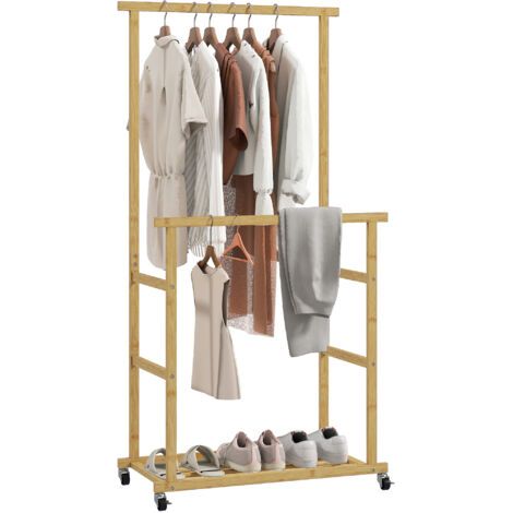 BUNTHAUS Portant à vêtements à roulettes, porte-manteau double barre en bambou avec étagère inférieure, 80x40x160cm, bois naturel