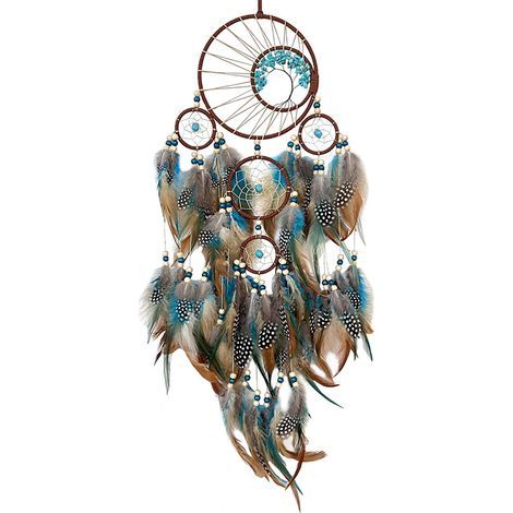 Attrape-rêves en plumes bleues et brunes – Longueur 62 cm – Décoration murale ethnique pour chambre – Cadeau original (1/5)