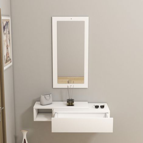 Mueble de Entrada Ingria, Espejo Incluido, un Cajón, un Estante, 82x30x16h cm Blanco (1/4)