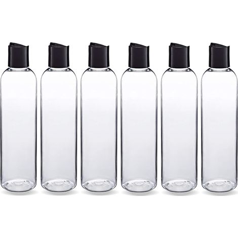 Lot 6 Flacons Plastique Transparents, Rechargeables Disque Noir, Shampoing Lotion Crème (1/5)