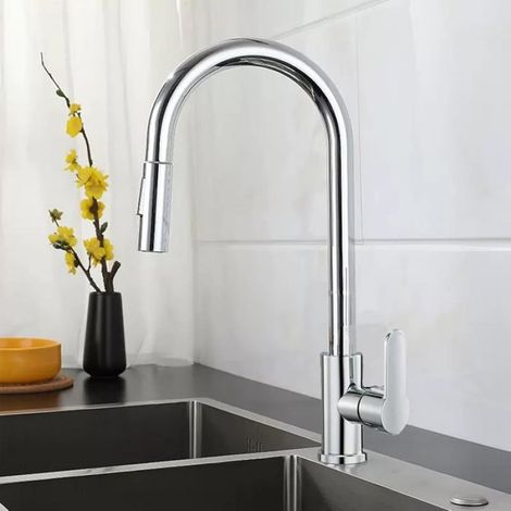 1 Robinet de cuisine, Acier inoxydable, Pivotant 360°, Rétractable, Double mode jet, Pour évier standard (1/5)