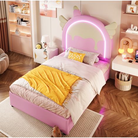 Cama infantil tapizada 90/200 cm rosa de PU y MDF con luz multicolor y 2 cajones (1/5)