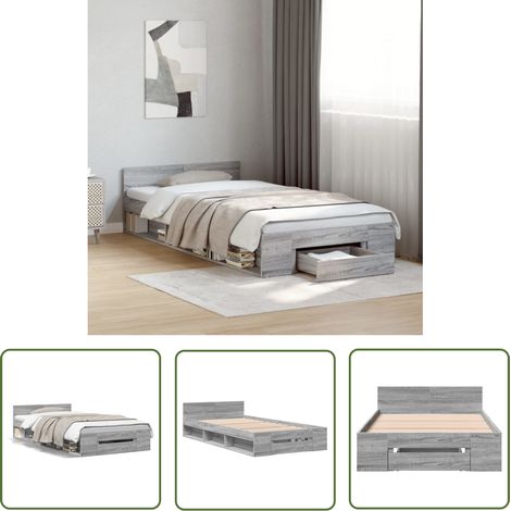 The Living Store Bettgestell mit Schublade Grau Sonoma 100x200 cm Holzwerkstoff - Bettesrahmen - Holzbettfundament - Doppelbett - Boxspringbett - Grau (1/5)