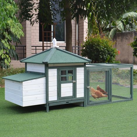 Poulailler de jardin préfabriqué en bois, 196 x 76 x 97 cm. Blanc et vert. (1/5)