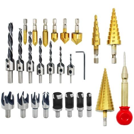 Ensemble de 26 forets à fraiser, outils de forage pour le travail du bois, y compris 8 coupe-bouchons à bois, foret à trois pointes avec clé en L, 6 forets à fraiser, foret à 3 étapes pour le bricolag (1/5)