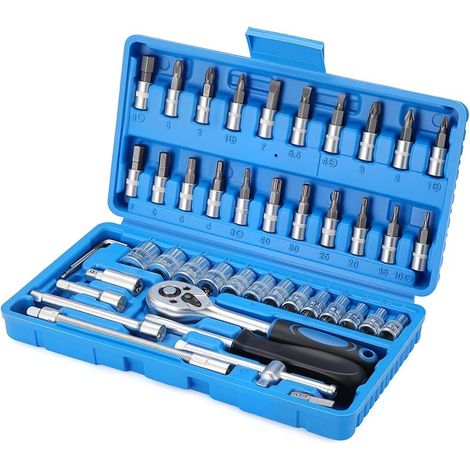 Jeu de 46 douilles à cliquet avec clé à cliquet 1/4", jeu d'embouts et mallette professionnelle – Pour voiture, maison et bricolage (1/5)