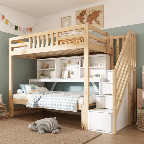 MODFU – Cama alta infantil 90x200 cm de madera blanca/roble con cama nido 90x190 y escritorio móvil – Blanco/roble (1/5)