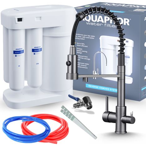 Conjunto de filtro de agua potable por ósmosis inversa Aquaphor Morion 101S + grifo de cocina de tres vías de grafito macizo con resorte. (1/5)