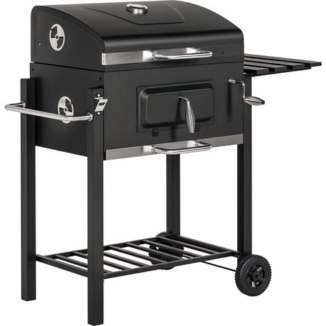 Fumoir-barbecue à charbon de bois, 1 étagère, 1 porte-serviettes, 2 grilles de cuisson, 113 cm x 65 cm x 108 cm, noir