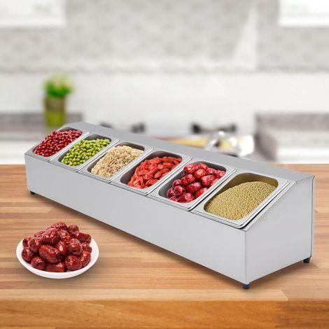 Zutatenbehälter Edelstahl 6 Gitter Zutatenbox Beilagenbehälter Barbehälter,GN Aufsatzbord Mit Deckel,Ideal für die Aufbewahrung von Früchten, Gewürzen, Zutaten usw
