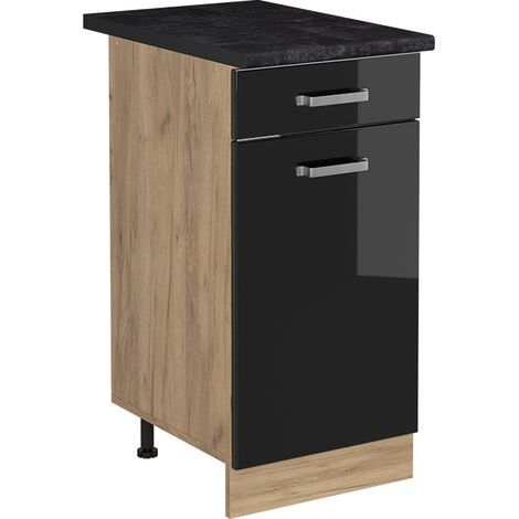 Mobiletto base cucina R-Line, Nero lucido/Rovere dorato, 40 cm piano di lavoro Antracite, Vicco (1/5)
