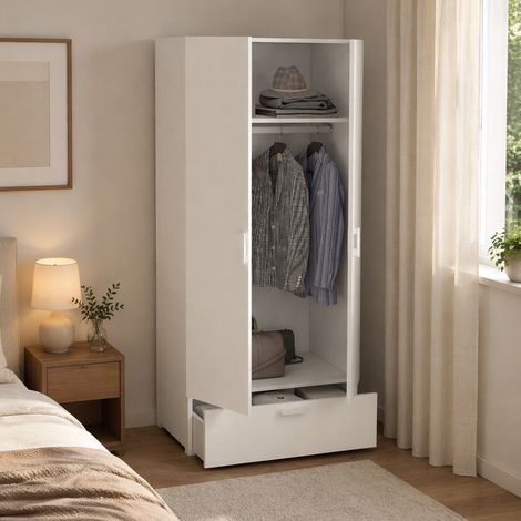 Armoire 2 Portes Centaurea, Dressing Chambre, 2 Étagères, Made in Italy, 52.00x180.00h cm Blanc (1/5)