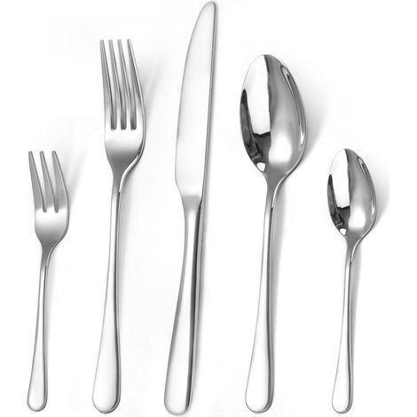 Lot de 60 couverts pour 12 personnes avec couteau, fourchette, cuillère, couverts en acier inoxydable poli miroir, passe au lave-vaisselle (1/5)
