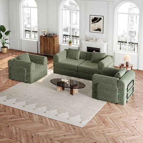 Sofá convertible de 4 plazas para salón 2x183,8x91,4x69,8 cm - Modulable y evolutivo 2 en 1, tejido de chenilla con bolsillo de almacenamiento en el brazo - Verde