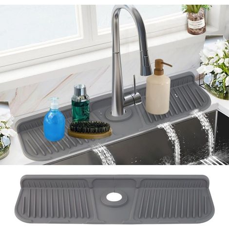 Silicone Faucet Mat, Silicone Faucet Handle Splash Guard, Kitchen Bathroom Countertop Drying Mat, Faucet Drain Mat - Gray (1/5)