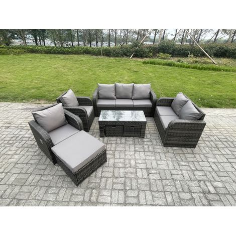Fimous Polyrattan Gartenmöbelset Rattan Lounge Sofa Set mit Rechteckiger Couchtisch 3 Hockern Dunkelgrau Gemischt (1/5)
