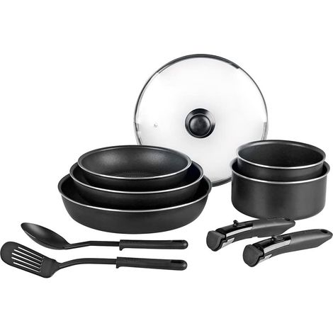 Batterie 10 pcs alu noir : 3 poêles Ø20/24/28cm, 2 casseroles Ø16/20cm, 2 ustensiles nylon, 1 couv. verre Ø24cm, 2 manches amovibles - Tous feux dont induction (1/5)