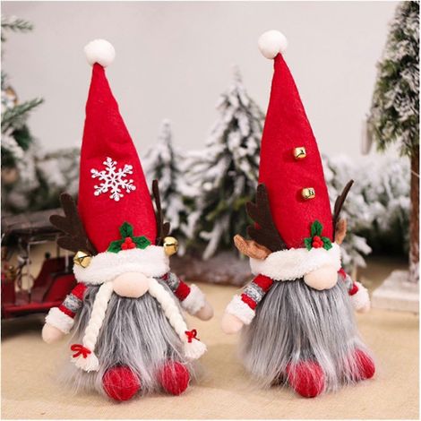 Decoraciones de gnomos navideños, paquete de 2 gnomos Tomte hechos a mano, muñecos de elfos navideños de peluche con campana y cuernos de reno, adornos para el hogar. La versión con pilas brilla en la (1/5)