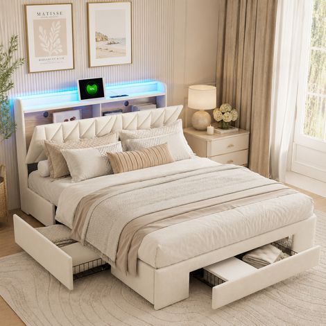 Lit 140x200 cm avec sommier led et usb, lit double avec 4 tiroirs, tête de lit avec rangement, velours, pour adultes et adolescents, beige (1/5)