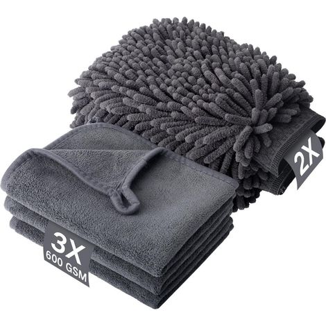 Autopflege Set 5tlg: 3x 600GSM Mikrofasertücher & 2x Waschhandschuhe, super saugfähig (1/5)
